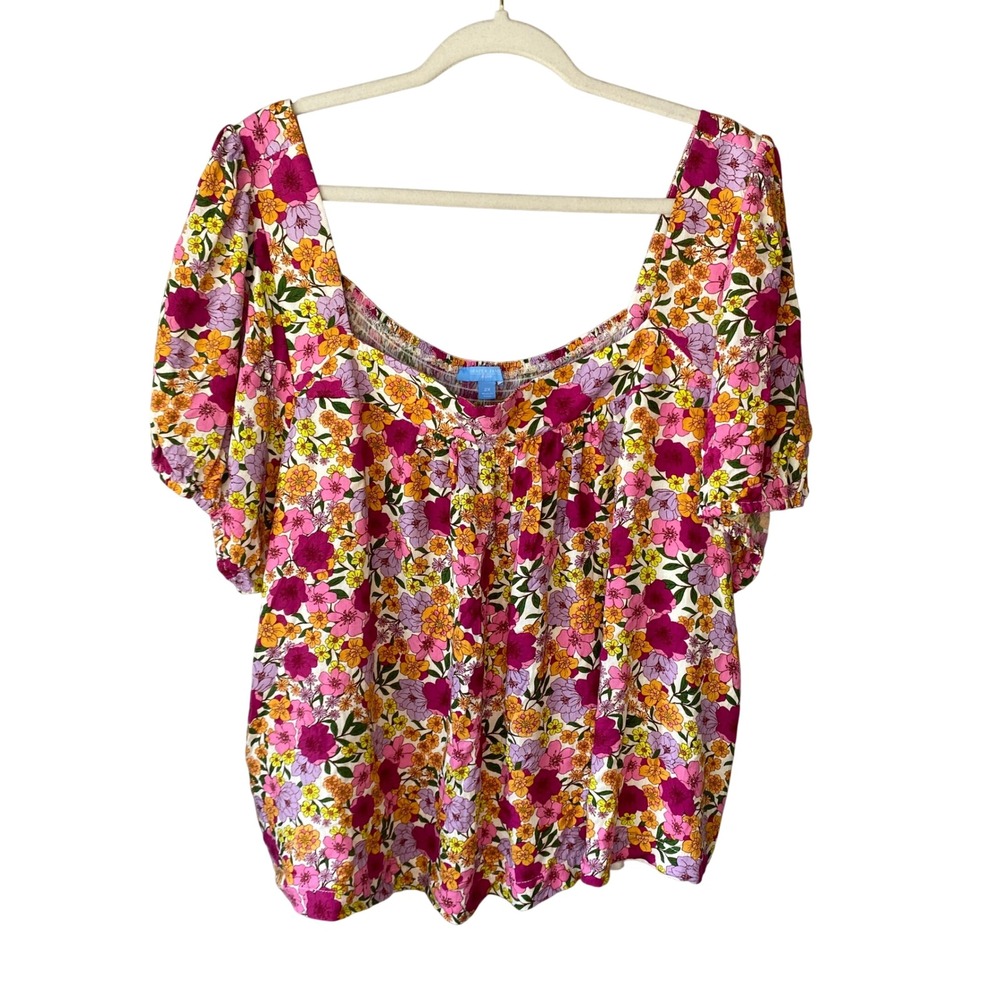 Draper James RSVP Womens 2X Floral Square Neck‎ Puff Sleeve Blouse Multicolor